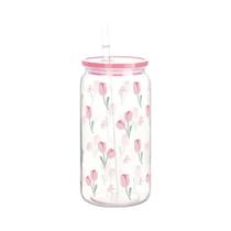 Copo Plástico De 16oz Com Tampa E Canudo, Estampa De Cereja E Laço, Para Água, Café, Suco E Bebidas