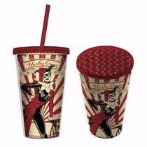 Copo Plastico Tampa Canudo Arlequina Listras DC Comics Geek