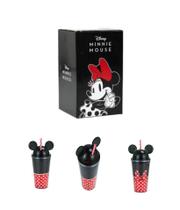 Copo Preto Com Canudo E Orelhas Disney Minnie Lindo 450ml