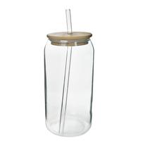 Copo redondo de vidro com canudo e tampa de bambu 600ml