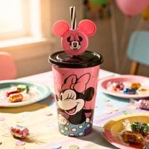 Copo Refri Com Canudo e Pin Decoração Minnie Rosa Disney Copo Refri Com Canudo e Pin Decoração Minnie Rosa Disney