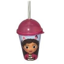 Copo shake casa magica da gabby c/canudo tampa rosa 280ml refri suco criança festa