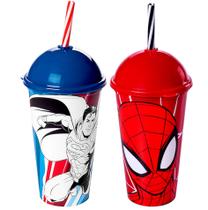 Copo Shake com Canudo Infantil Spider Man e SuperMan Comics e Marvel 500ML