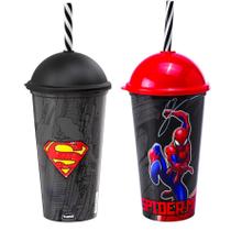 Copo Shake com Canudo Infantil Spider Man e SuperMan Comics e Marvel 500ML