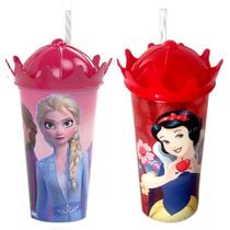 Copo Shake Infantil com Canudo Princesas Frozen e Branca de Neve para Meninas 500ml