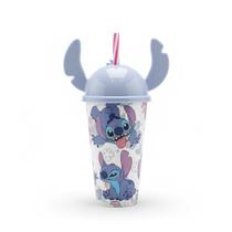 Copo Stitch Com Tampa E Canudo Disney Azul 500ml - Plasutil