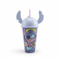 Copo Stitch Com Tampa E Canudo Disney Azul 500ml - Plasutil