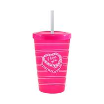 Copo Tampa Canudo 300mL Rosa Neon Colecao AMOR I Love You Copo Tampa Canudo 300mL Rosa Neon Colecao AMOR I Love You