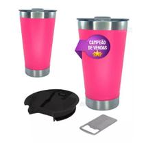 Copo Térmico Caneca Cerveja Com Tampa E Abridor Agua Gelada Cor Rosa