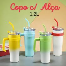 Copo Térmico com Alça e Canudo de Aço Inox 12H Gelado Quente 1200ml CORES SORTIDAS