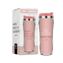 Copo térmico com frase motivacional rosa amor força e coragem com tampa para água cerveja garrafinha termico decorado
