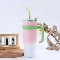 Copo Térmico Dupla Camada Aço Inox Com Canudo e Tampa + Canudos de Aço Inox 1200ml MS-916