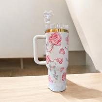 Copo Térmico Floral com Canudo 1200ml e protetor de silicone