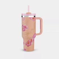 Copo Térmico Grande De Inox 1,2L Parede Dupla Estampada Com Tampa E Canudo Bebida Gelada Quente