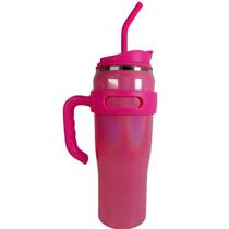 Copo Térmico Inox 1200Ml Rosa Glitter Com Alça E Canudo