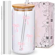 Copo Tumbler de Vidro BIPEDS com Tampa de Laço Rosa e Conjunto de Canudos