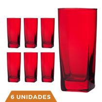 Copo Vidro 320ml Quadrado BALI Jogo com 6 Vermelho Luxo