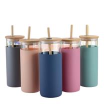 Copo Vidro com Tampa e Canudo De Bambu Otimo Para Bebidas Geladas