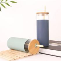 Copo Vidro com Tampa e Canudo De Bambu Otimo Para Bebidas Geladas