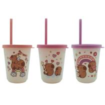 Copos Com Canudo Capivara Infantil 300ml Kit Com 3 Unidades