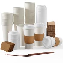 Copos de café de papel descartáveis de 590 ml com tampas, mangas e agitadores