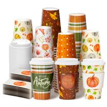 Copos de café descartáveis de outono Nihuecne, pacote com 50 unidades, 16 onças, com tampas