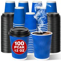 Copos de café descartáveis Ginkgo 350ml, pacote com 100 tampas azuis Copos de café descartáveis Ginkgo 350ml, pacote com 100 tampas azuis