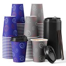 Copos de café descartáveis TV TOPVALUE 350mL com tampas e canudos x100 Copos de café descartáveis TV TOPVALUE 350mL com tampas e canudos x100