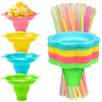 Copos de cone de neve Oomcu Colorful Flower 8 onças 50 unidades com canudos Copos de cone de neve Oomcu Colorful Flower 8 onças 50 unidades com canudos