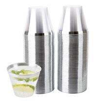 Copos de festa de plástico descartáveis PLASTICPRO 270 ml (borda transparente/prateada), pacote com 100 Copos de festa de plástico descartáveis PLASTICPRO 270 ml (borda transparente/prateada), pacote com 100
