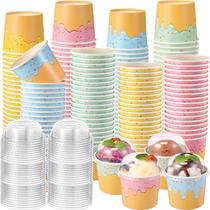 Copos de papel para sorvete Jingmore 100x 180mL com tampas multicoloridas Copos de papel para sorvete Jingmore 100x 180mL com tampas multicoloridas