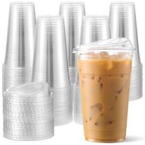 Copos de plástico AOZITA 16 onças com tampas para café gelado, pacote com 100