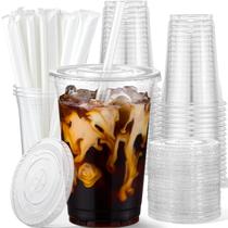 Copos de plástico AOZITA 600 ml com tampas e canudos, pacote com 25 unidades transparentes Copos de plástico AOZITA 600 ml com tampas e canudos, pacote com 25 unidades transparentes