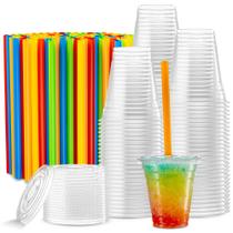 Copos de plástico, descartáveis elegantes, 40 conjuntos de 350 ml com tampas e canudos Copos de plástico, descartáveis elegantes, 40 conjuntos de 350 ml com tampas e canudos