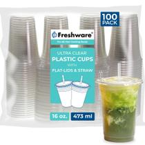 Copos de plástico descartáveis Freshware 473 ml com tampas e canudos, 100 unidades