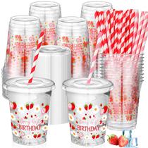 Copos de plástico descartáveis Jingmore Strawberry, 1º aniversário, 50 unidades