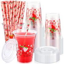 Copos de plástico Jingmore Strawberry 350mL com tampas e canudo x50
