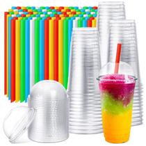 Copos de plástico Lallisa 24 onças com tampas de cúpula e canudos coloridos x100 Copos de plástico Lallisa 24 onças com tampas de cúpula e canudos coloridos x100
