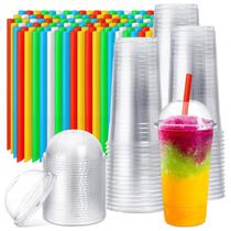 Copos de plástico Lallisa 32 onças com tampas de cúpula e canudos coloridos x100 Copos de plástico Lallisa 32 onças com tampas de cúpula e canudos coloridos x100
