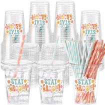 Copos de plástico para festas Yungyan Groovy Theme 470 ml com tampas e 50 conjuntos