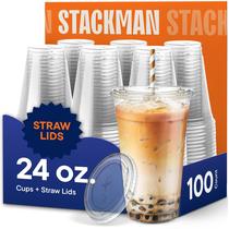 Copos de plástico Stack Man 24 onças (700 mL) com tampa PET Clear 100 conjuntos