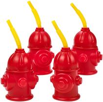 Copos de Plástico Vermelho de Hidrante c/ Tampas Reutilizáveis 340ml - Pct 4, Ideal p/ Festas Tema Bombeiros