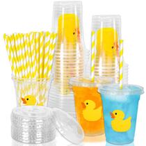 Copos de plástico Whaline, 50 unidades de pato amarelo, 12 onças com tampas e canudos Copos de plástico Whaline, 50 unidades de pato amarelo, 12 onças com tampas e canudos