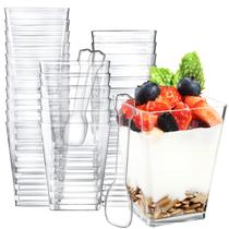 Copos de sobremesa descartáveis Eupako 150mL Square Clear com colheres Copos de sobremesa descartáveis Eupako 150mL Square Clear com colheres