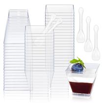Copos de sobremesa Oomcu, pacote com 50 ml de plástico quadrado transparente com colher Copos de sobremesa Oomcu, pacote com 50 ml de plástico quadrado transparente com colher