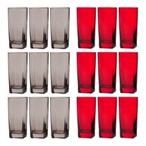 Copos de Vidro 320ml 9 Vermelho / 9 Cinza Texas Agua 18 Unidades