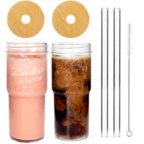 Copos de vidro ANOTION 710mL com tampas e canudos, 2 pacotes de bambu Copos de vidro ANOTION 710mL com tampas e canudos, 2 pacotes de bambu