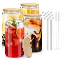 Copos de Vidro Sungwoo 4 unid. com Tampas e Canudos de Bambu 500ml Transparente