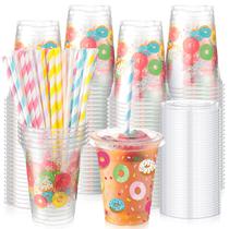 Copos descartáveis Meekoo Donut Cup com tampas planas e canudos de 350 ml e 50 conjuntos