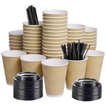 Copos descartáveis ondulados para café, 100 pacotes, com tampas e canudos
